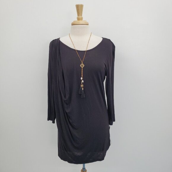 Daisy Fuentes NWT Womens L Black Draped 3/4 Sleeve Rayon Tunic Top Evening - Picture 2 of 16